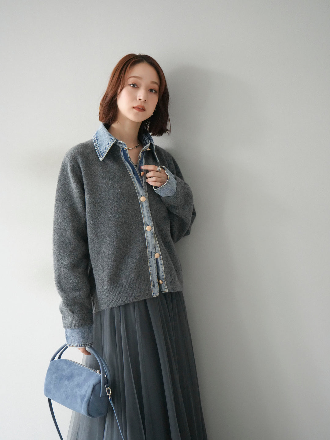 [予約]デニム襟ボタンニットカーディガン/チャコール