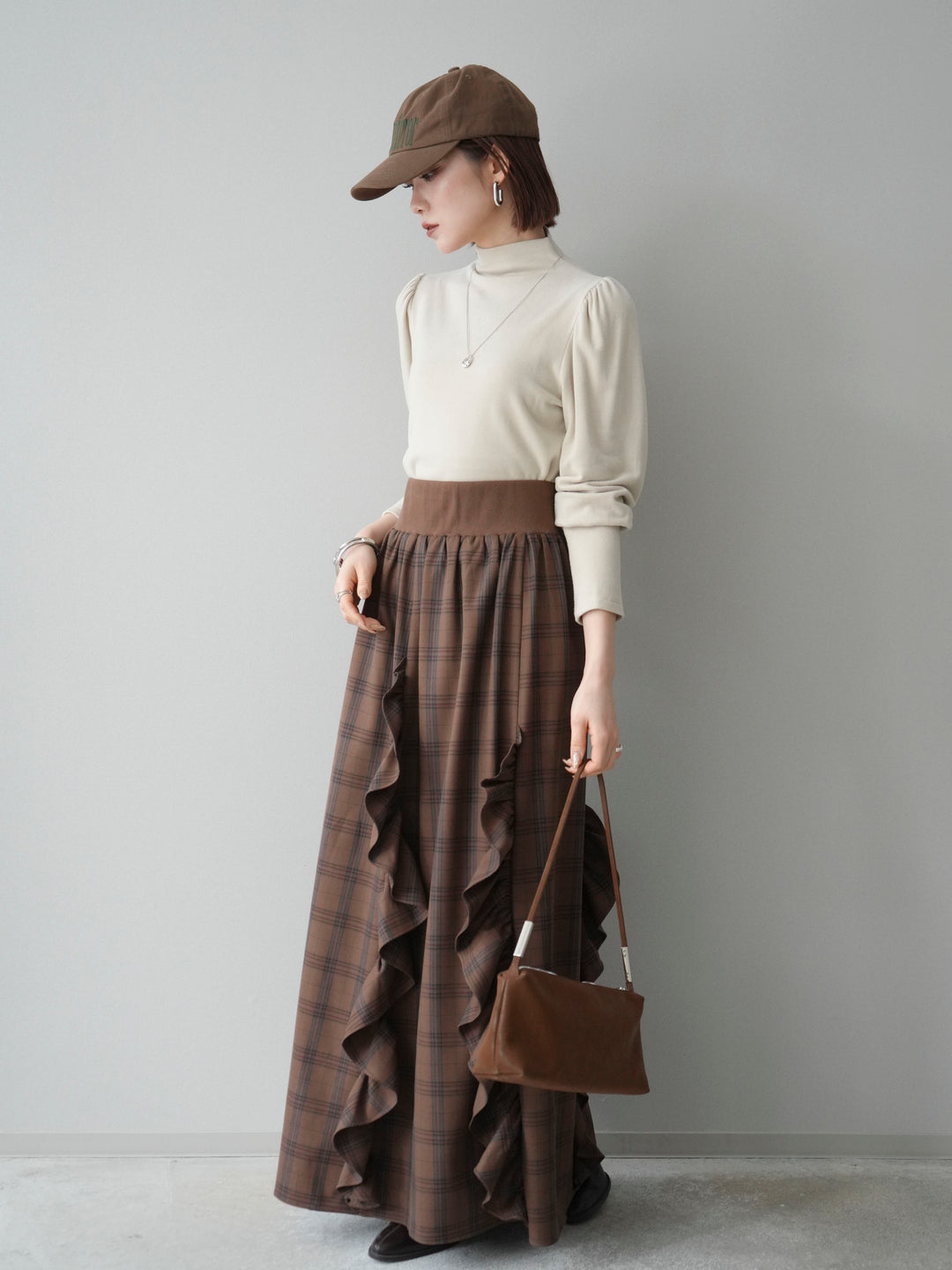 [SET]プチネックパワーショルダー起毛トップス+チェック柄フリルハイウエストマキシスカート(2set)