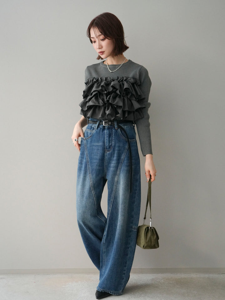 [SET]フリルビスチェドッキングスポンジニットプルオーバー+裏起毛加工デニムカーブパンツ(2set)