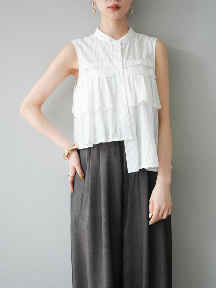 [SET]ドビーストライプアシンメトリーフリルノースリブラウス+コード刺繍チュールレイヤードパンツ(2set)