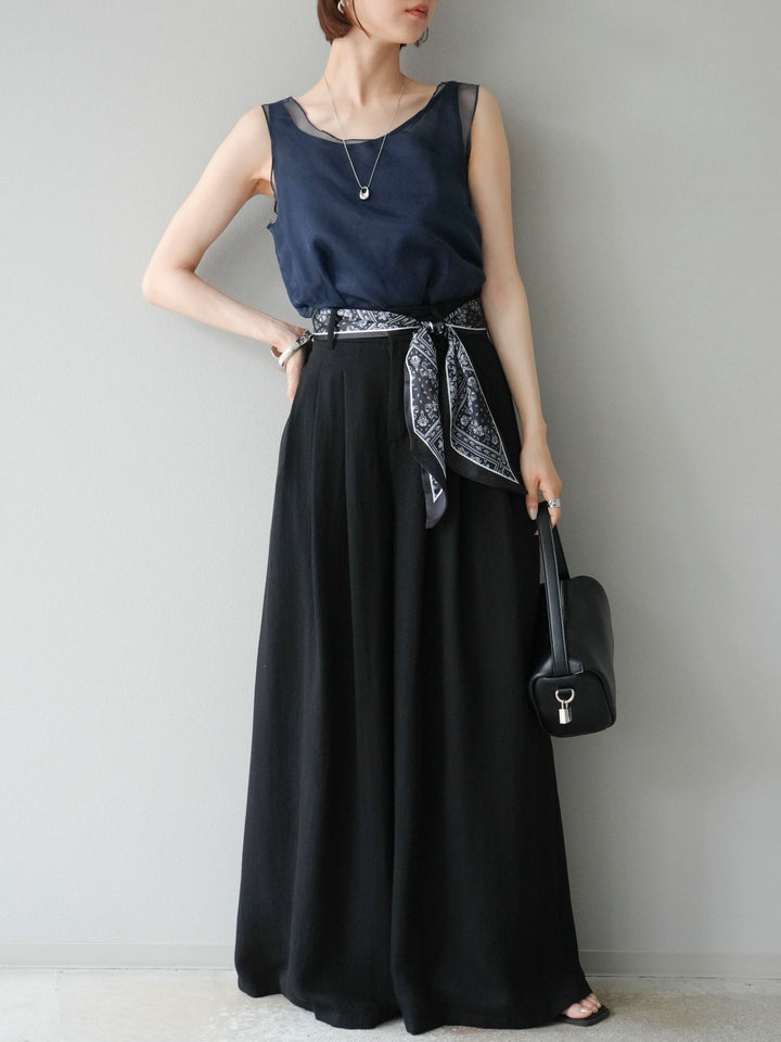 [予約]スカーフベルト付3タックワイドパンツ/ブラック