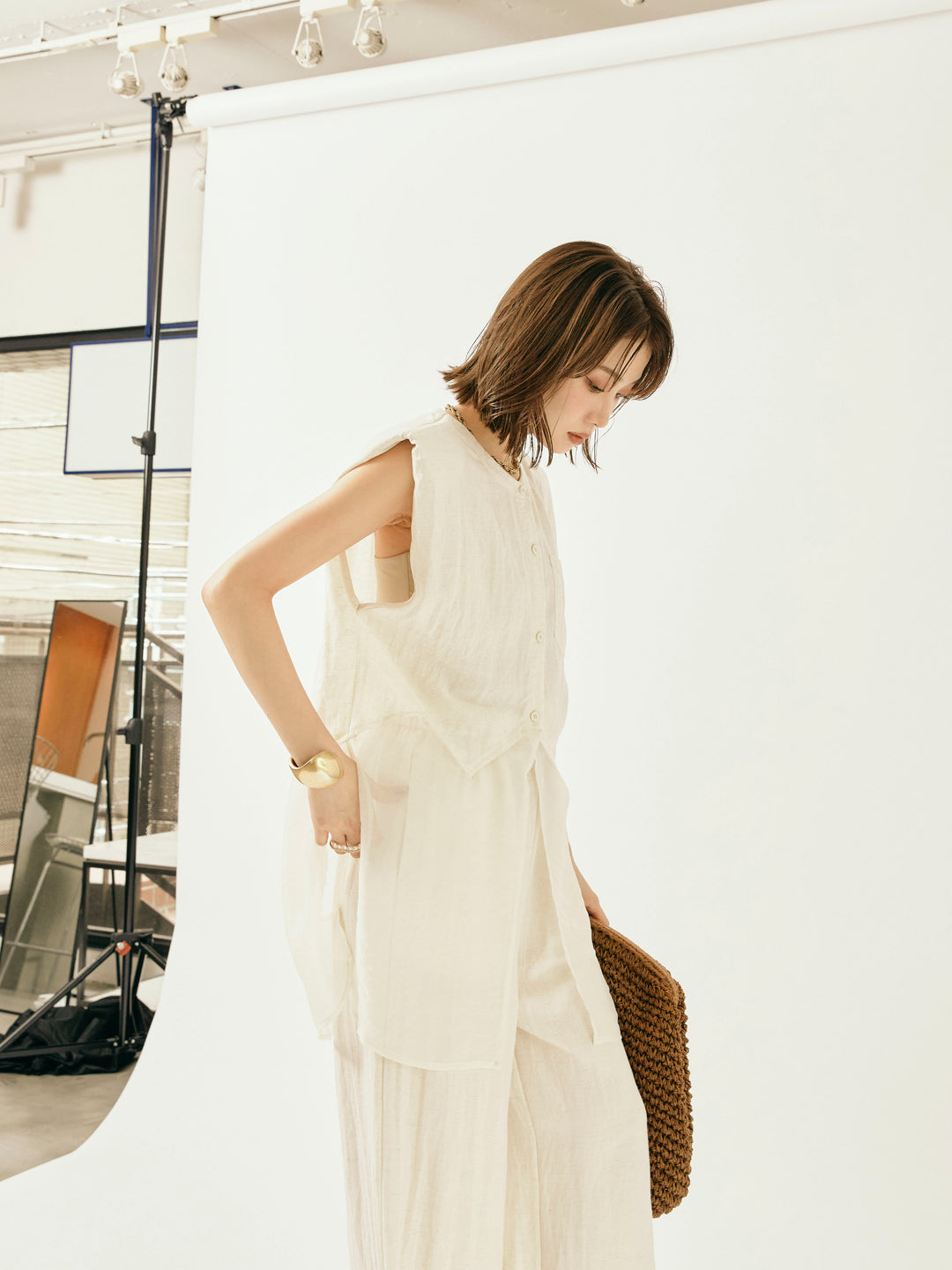 [SET]オーガンジーヘムブラウス＆ワイドパンツSET UP(2set)