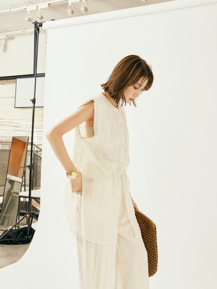 [SET]オーガンジーヘムブラウス＆ワイドパンツSET UP(2set)