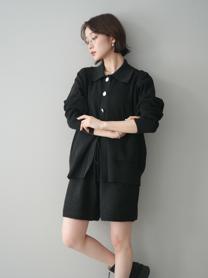 [予約]メタルボタン襟付きポリエステルニットカーディガン/black