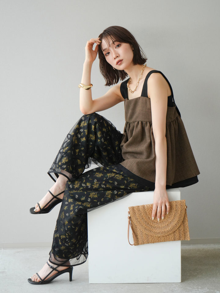 [SET]リネンライク配色フレアタンクトップ+コード刺繍チュールレイヤードパンツ+ブーケプリントタックパンツ(3set)