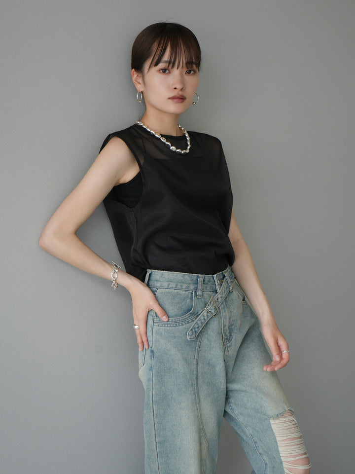 [SET] Organdy sleeveless top + belt asymmetrical damaged denim (2set)