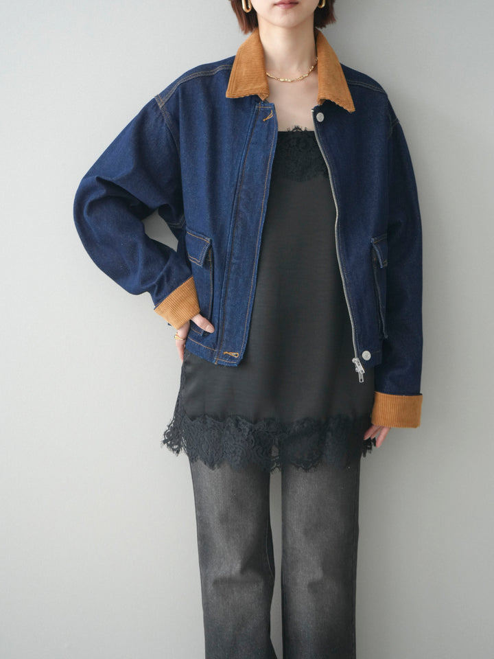 [予約]コーデュロイ×デニムショートカバーオール/indigo