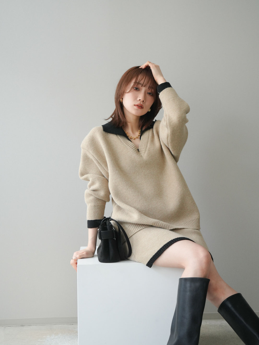 [SET]配色襟ニット＆ミニスカートSET UP(2set)