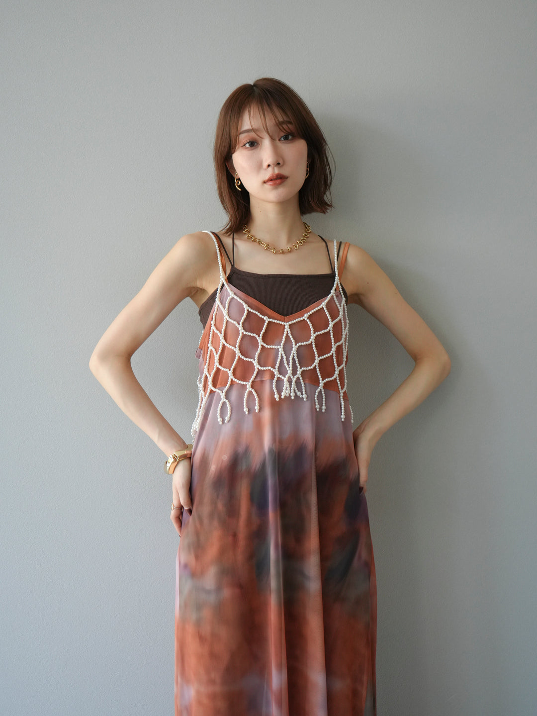 [予約タイダイ柄シアーキャミワンピース/オレンジ