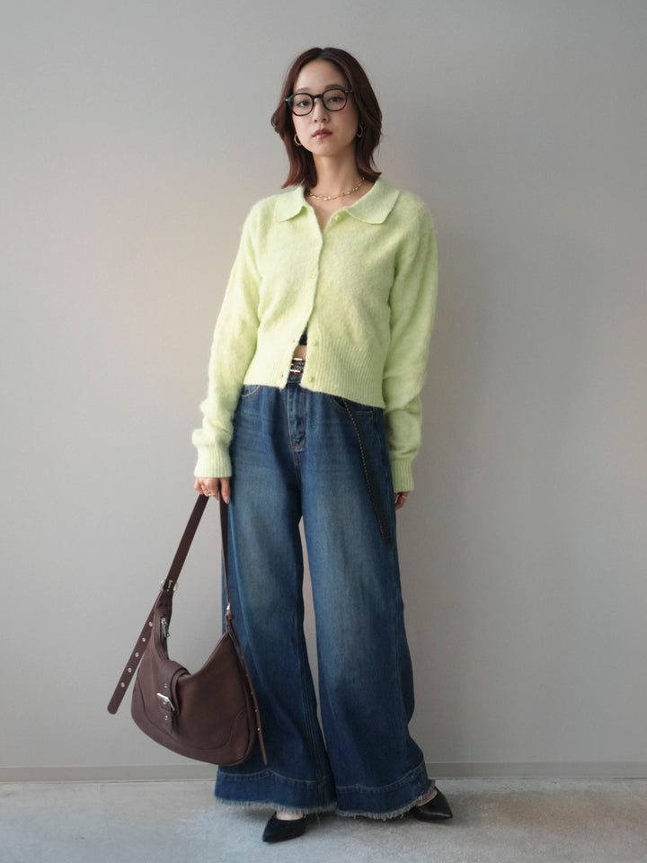 [SET]モヘア衿付きボタンプルオーバー+裏起毛裾フリンジワイドデニムパンツ(2set)