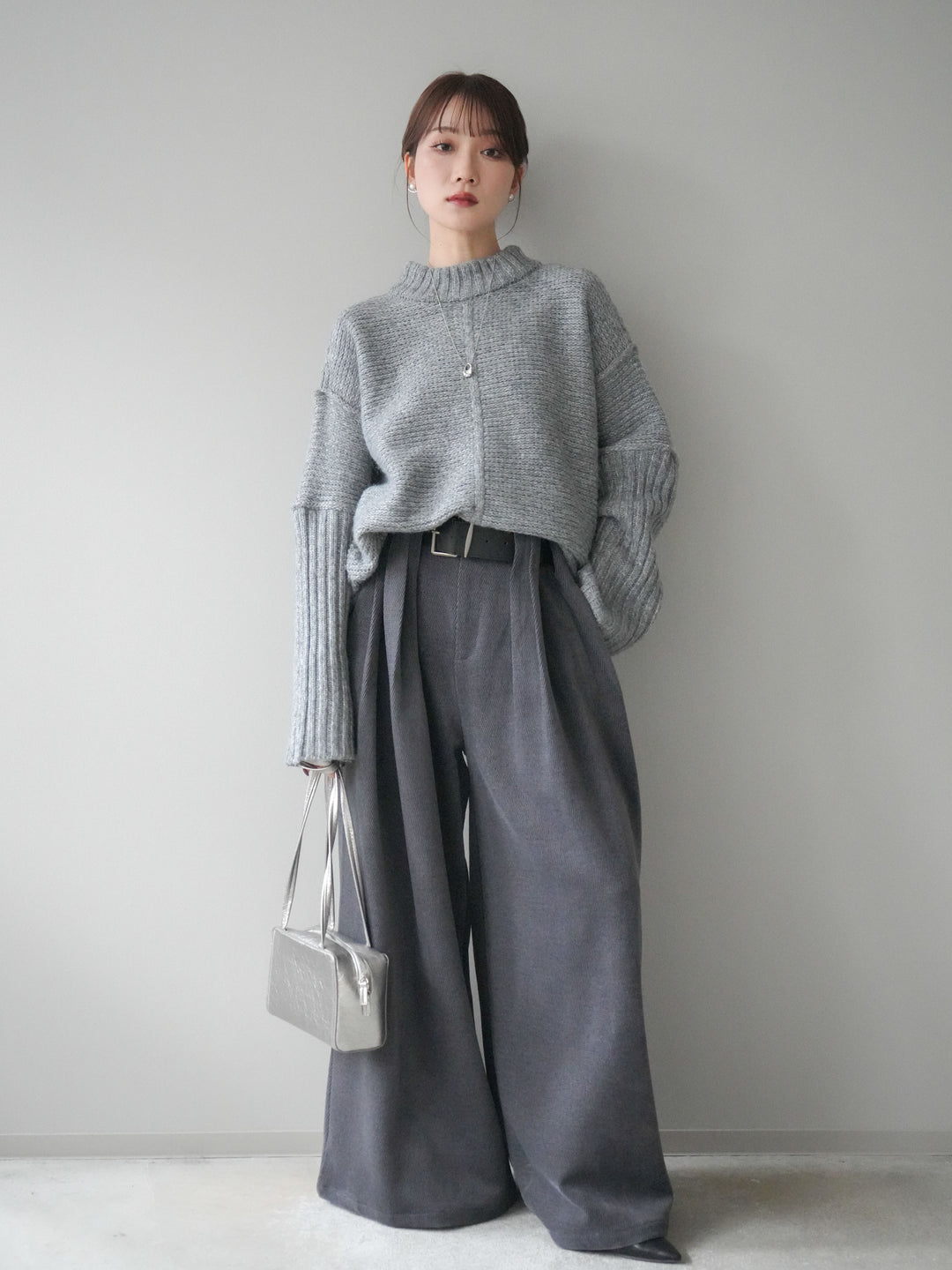[SET]編み地切替ボトルネックニットプルオーバー+ベルトデザインループコールテンワイドパンツ(ベルト付き)(2set)