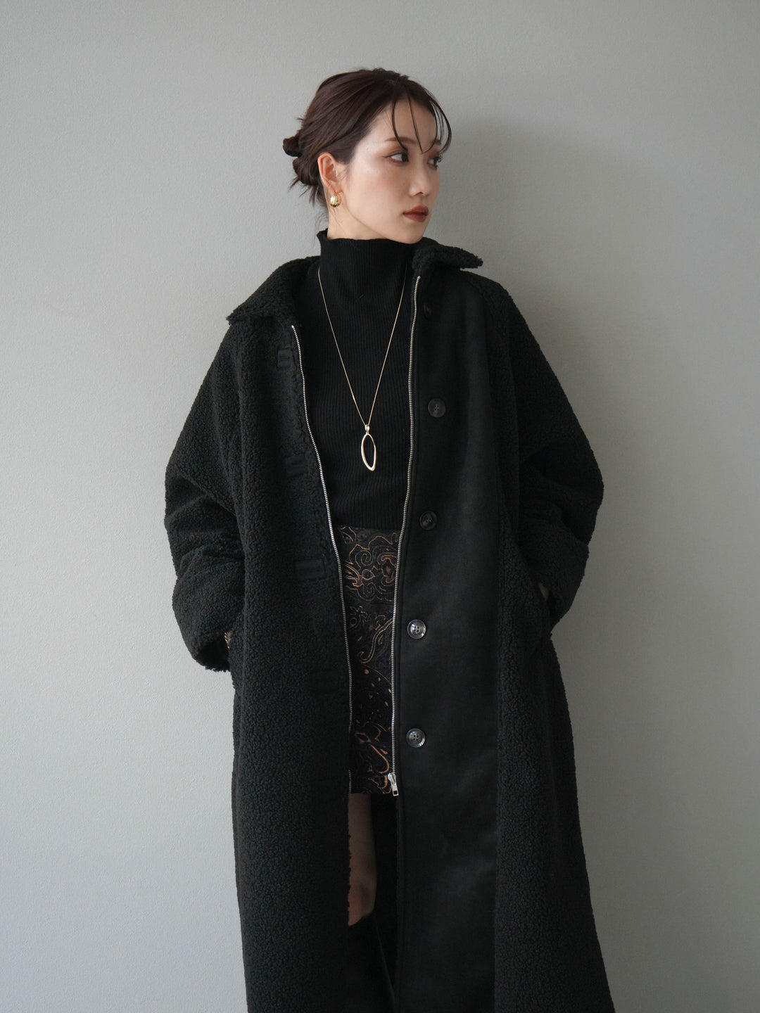 [予約]ボアxムートンロングコート/black
