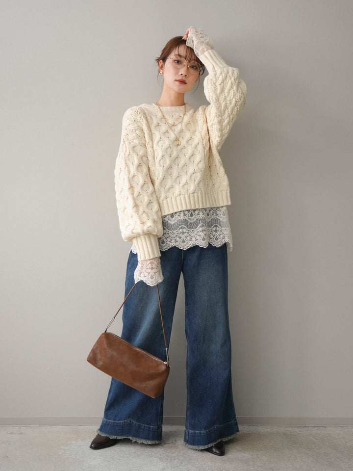 [SET]バルキーケーブルクロップドニットプルオーバー+チュールレーストップス+裏起毛裾フリンジワイドデニムパンツ(3set)