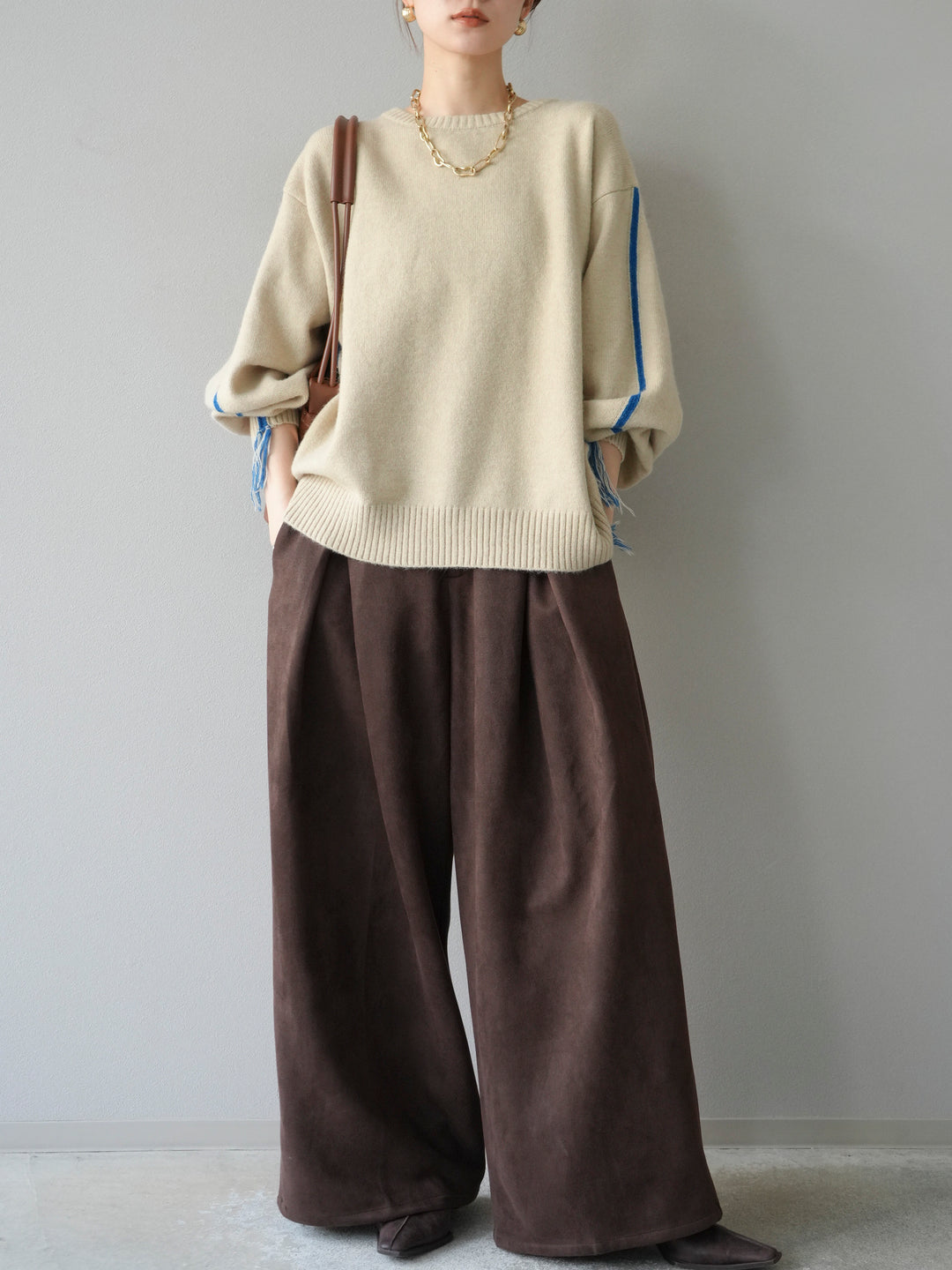 [予約]配色ステッチフリンジニットプルオーバー /アイボリー