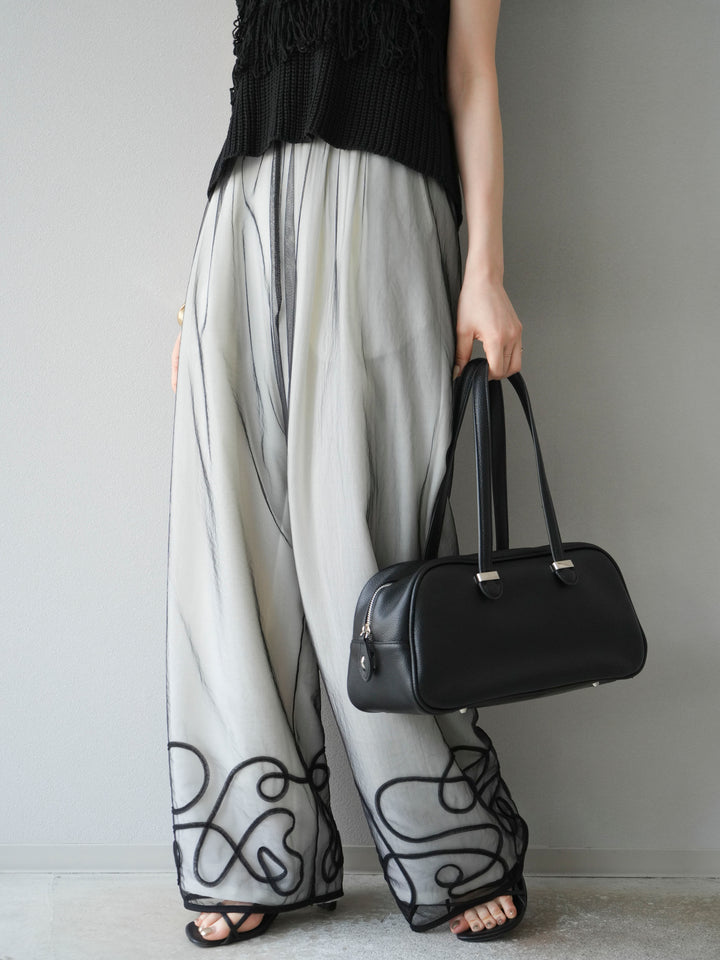 [SET]透かし編みフリンジニットトップス+コード刺繍チュールレイヤードパンツ(2set)