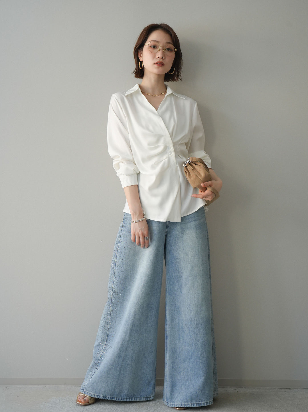 [予約]サイドビジューワイドデニムパンツ/lightblue