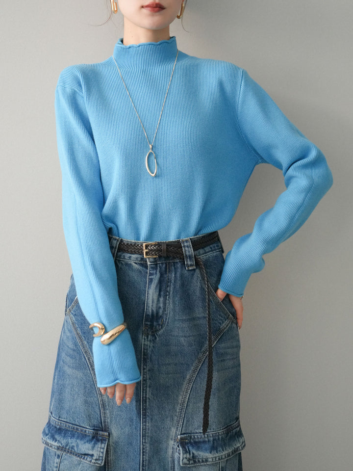 [予約]ボトルネック裾カールリブニットトップス/blue