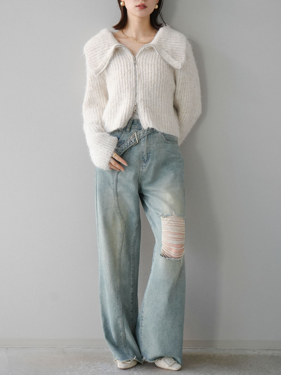 [予約]BIG襟ジップニットカーディガン/アイボリー