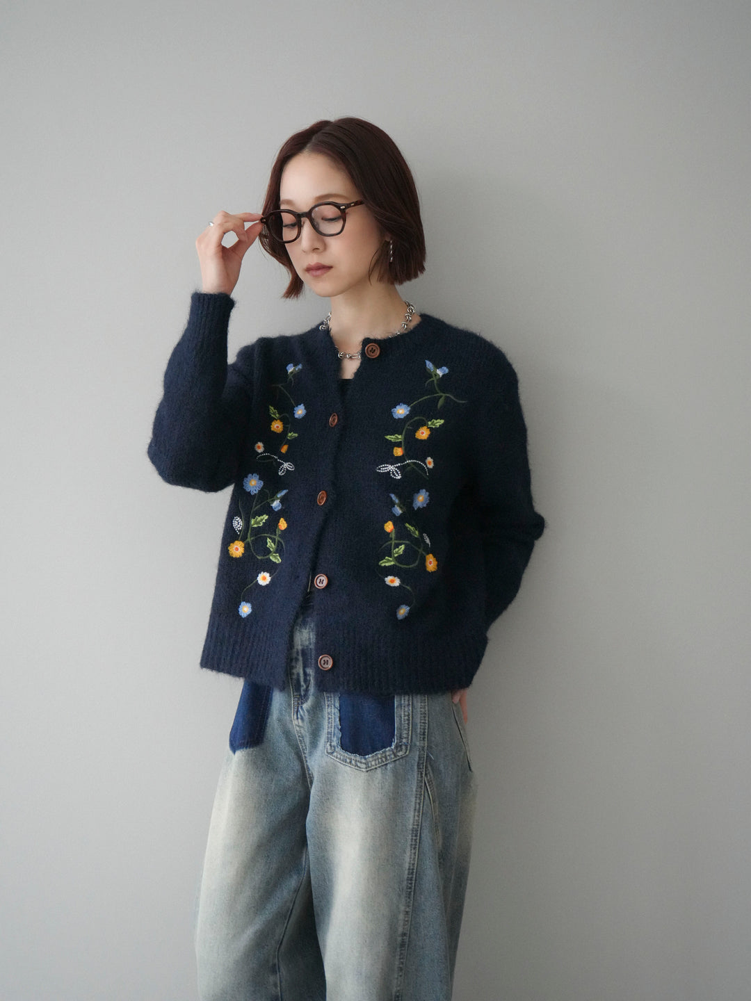 [予約]フラワー刺繍ニットカーディガン/blue