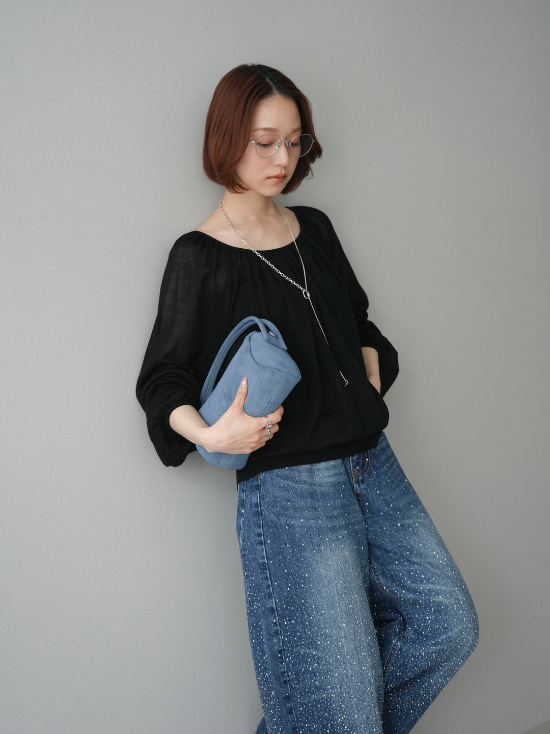 [予約]Uネックギャザーニットプルオーバー/black