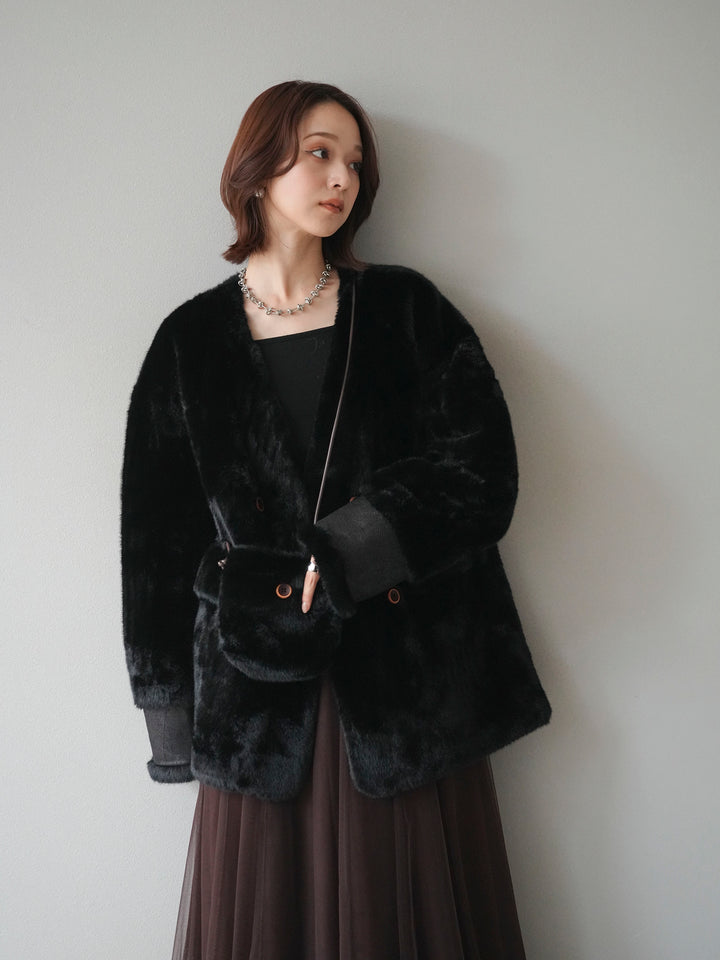 [SET]バッグ付エコファーノーカラーコート+チュールボリュームスカート(2set)