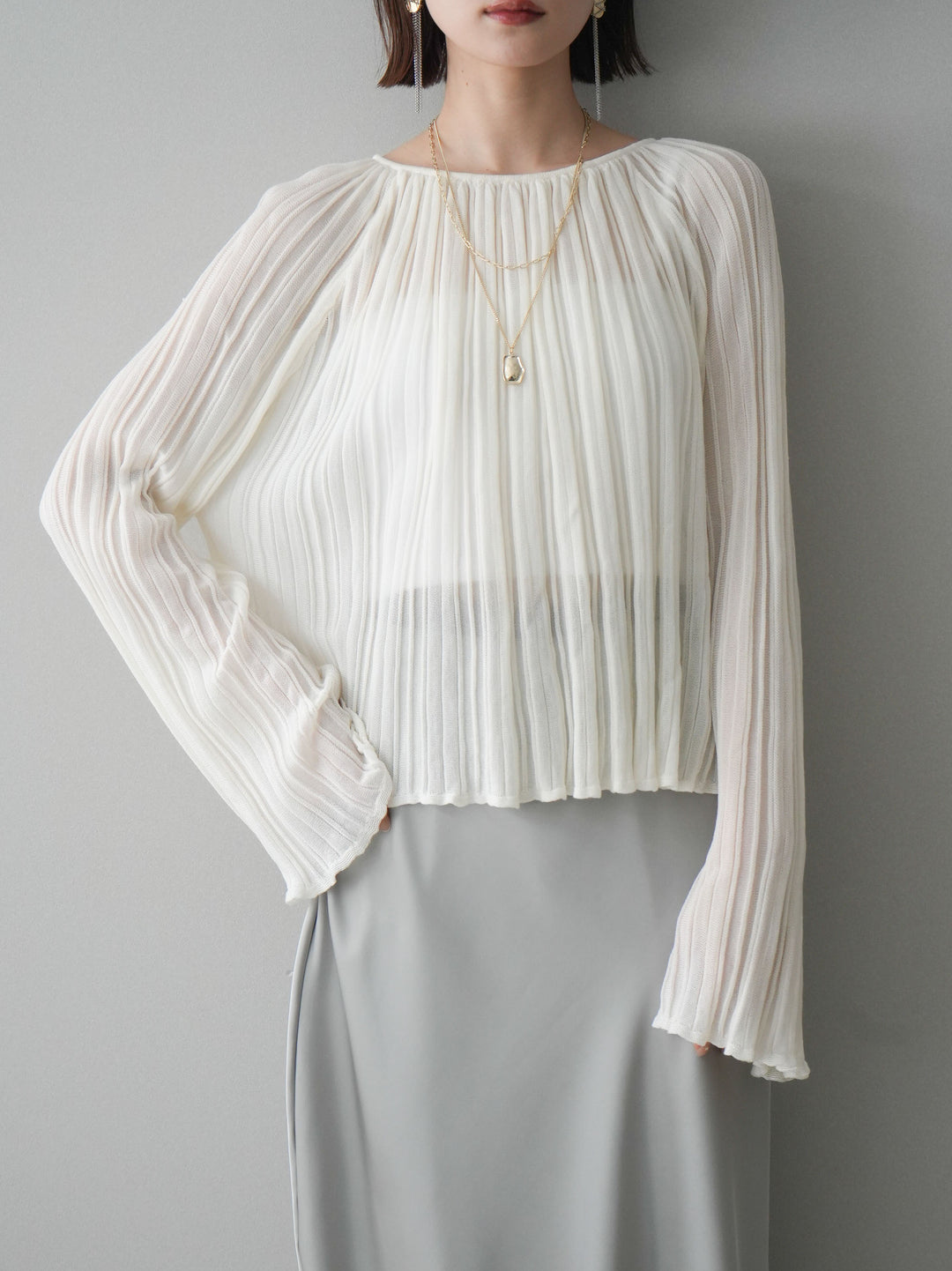 [SET]プリーツシアーフレアスリーブニットトップス+選べるアクセセット(2set)