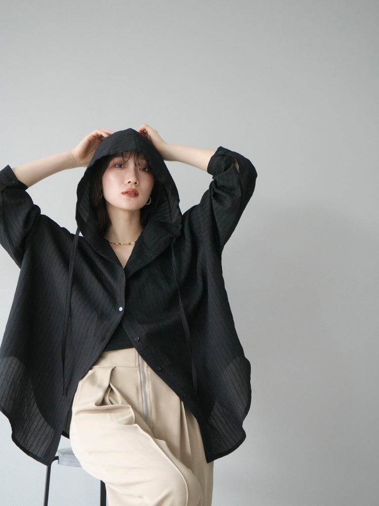 予約]ワッシャーストライプフーディーシャツ/ブラック – Lumier