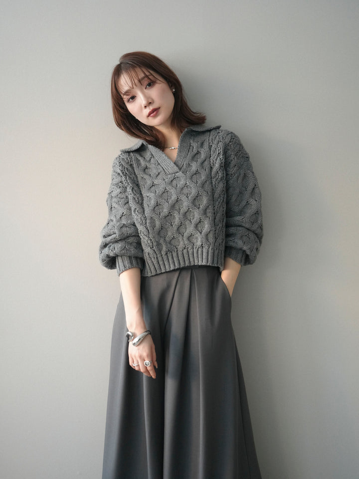 [SET]バルキーケーブルクロップド開襟プルオーバー+テープベルトタックバギーパンツ(2set)