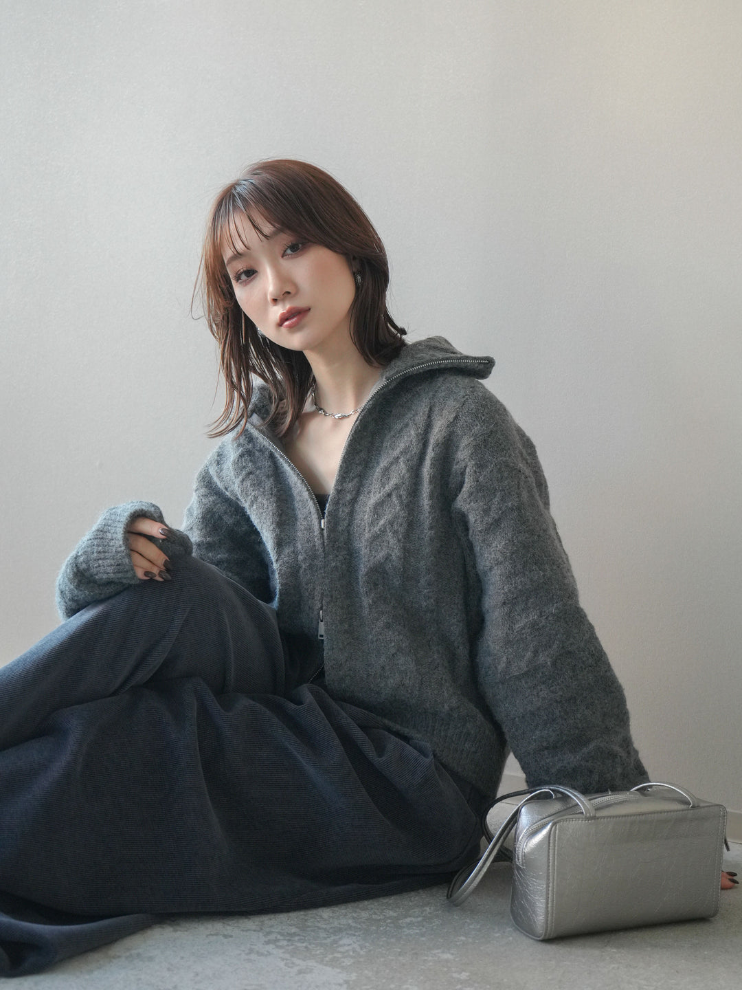 [SET]ケーブル編みハイネックZIPニットカーディガン+ベルトデザインループコールテンワイドパンツ(ベルト付き)(2set)