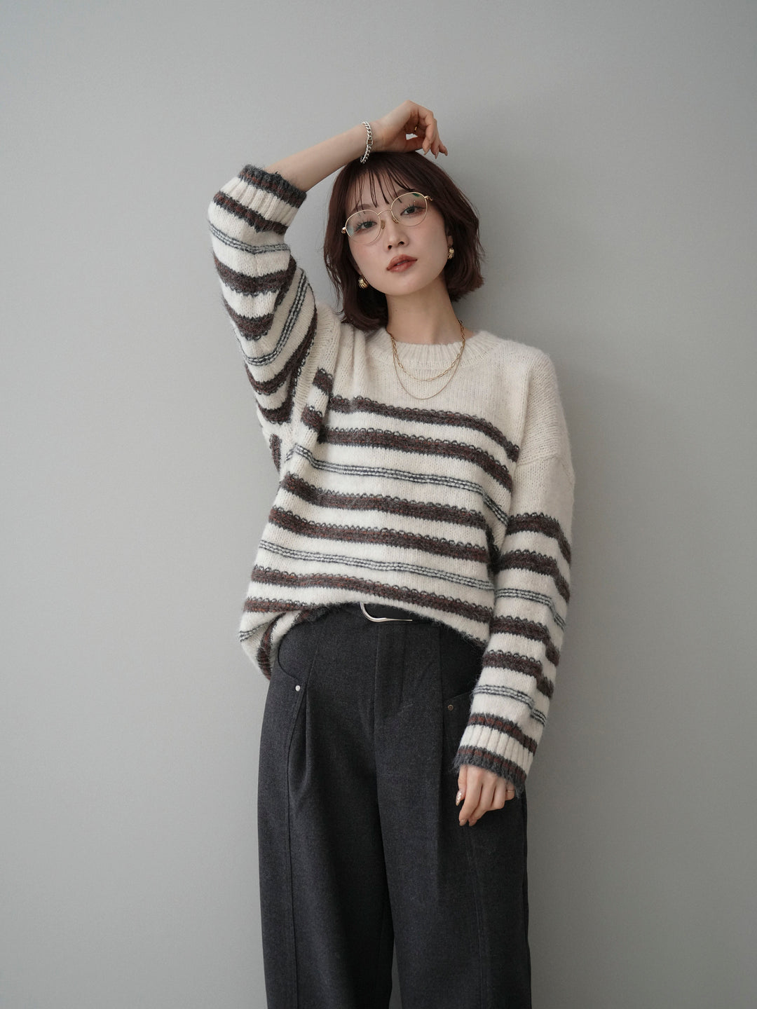 [SET]ステッチボーダーニットプルオーバー+ベルト付起毛コクーンパンツ(2set)