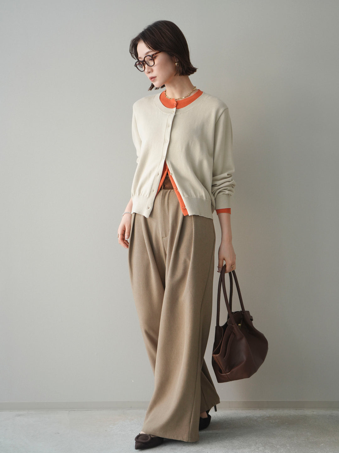 [予約]サテンベルトタックワイドパンツ/beige