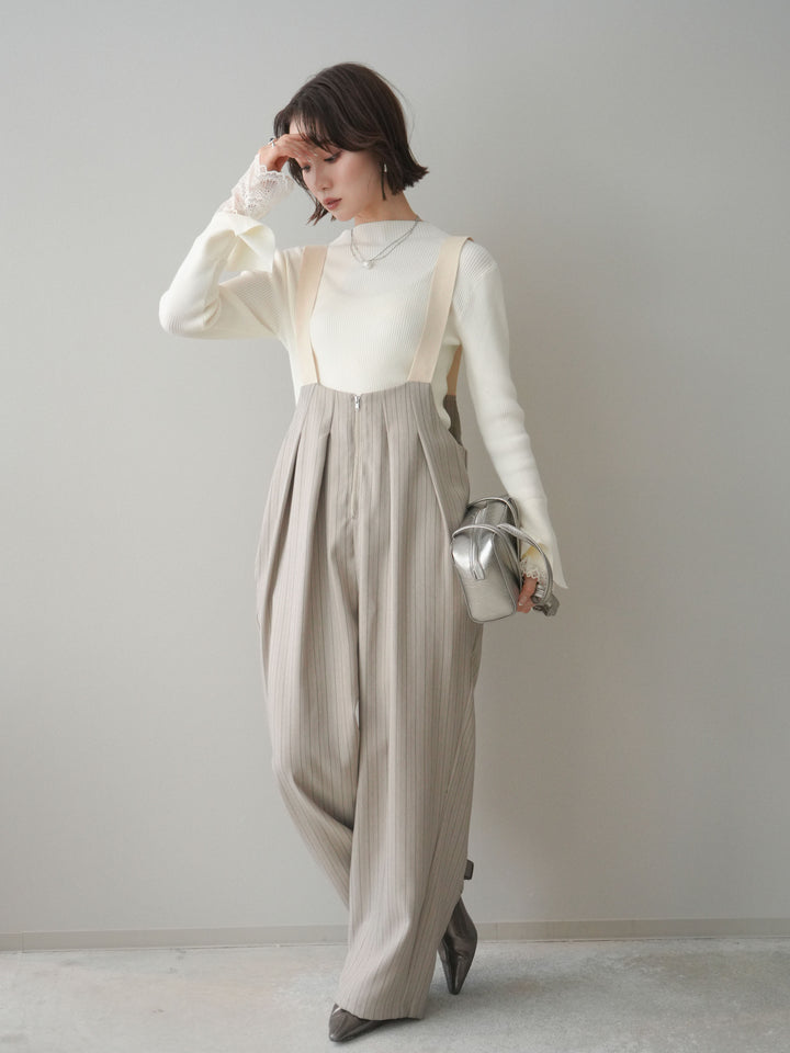 [予約]グログランテープストライプサロペット/greige