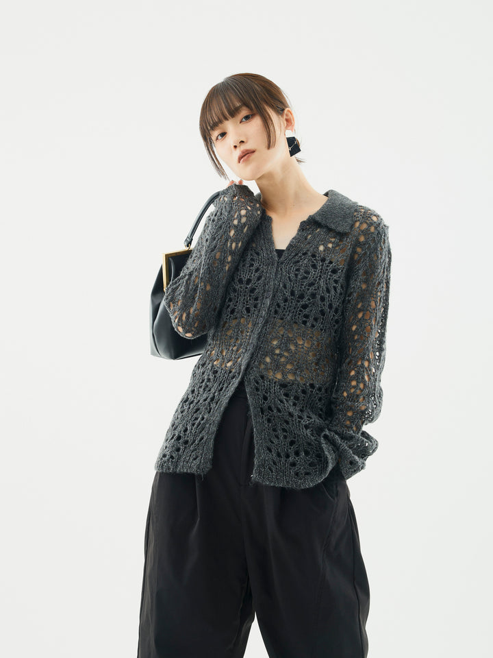 【Allure】[SET]ローゲージ透かし編みポロニッカーディガン+タフタワイドカーブパンツ(2set)