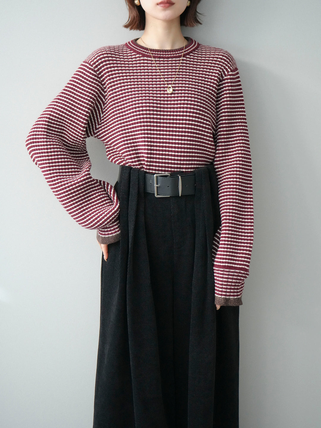[予約]ラメ異素材ボーダーリブニットプルオーバー/bordeaux×brown