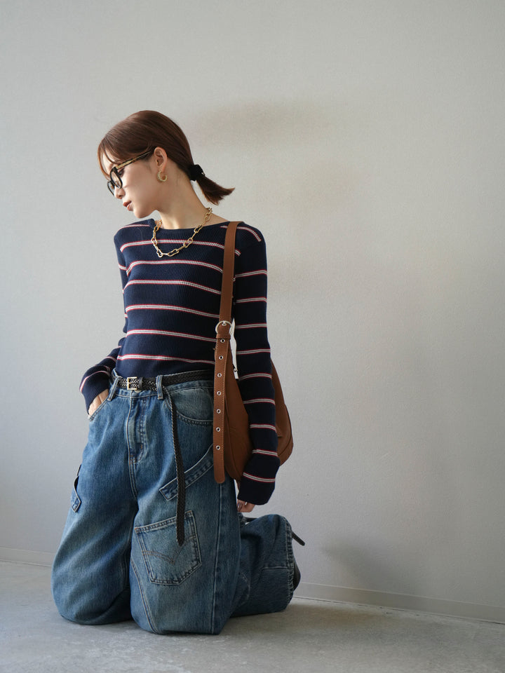 [予約]バックオープンボーダーテレコリブトップス/ネイビー