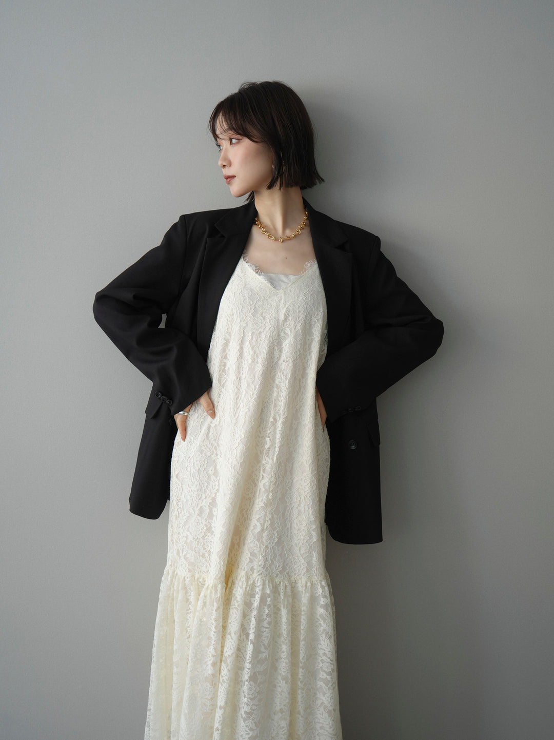 [SET]ギャザー切替レースキャミワンピース+ダブルブレストオーバージャケット(2set)