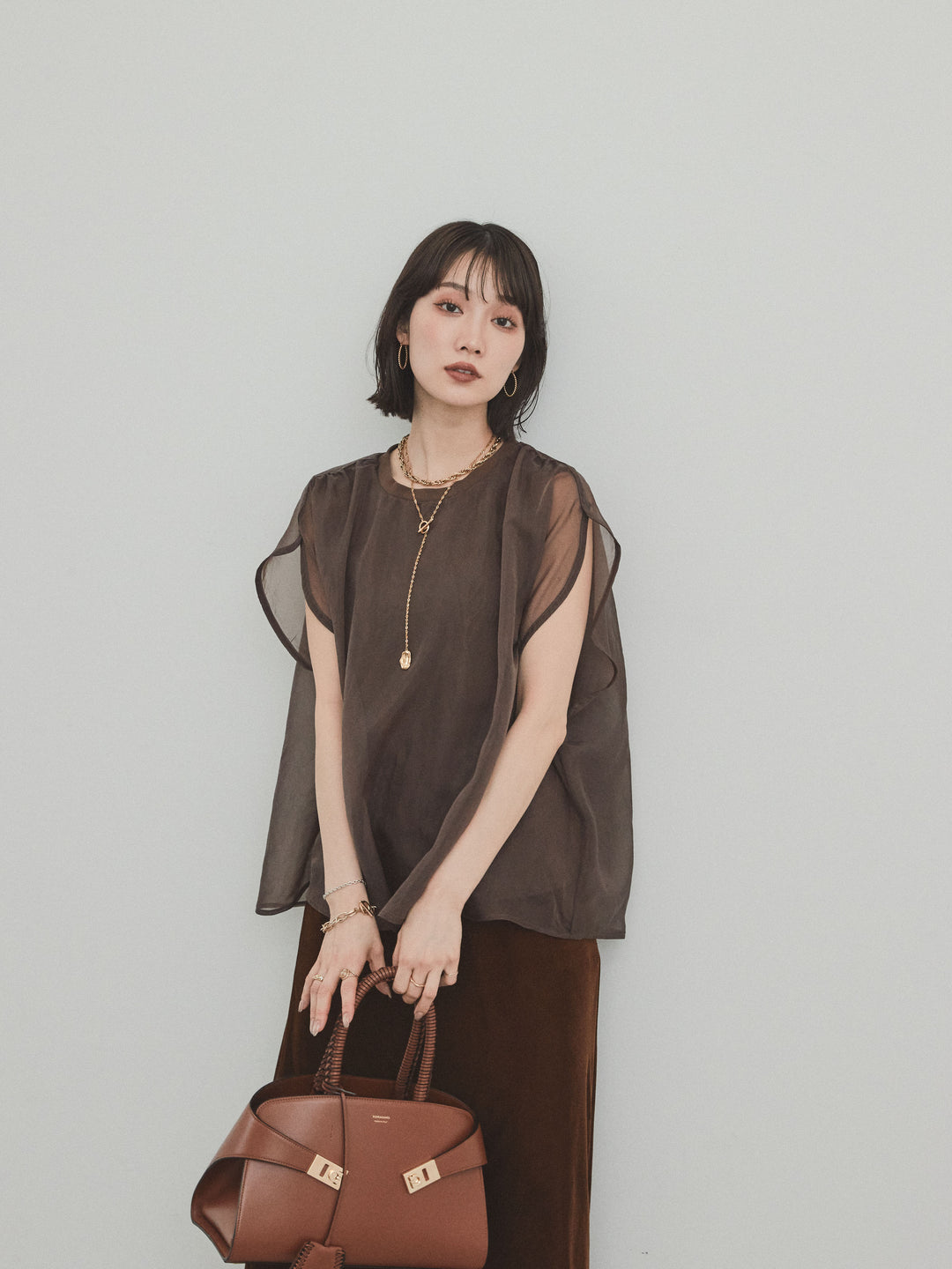 [予約]コンパクトスムースシアーレイヤードトップス/ブラウン