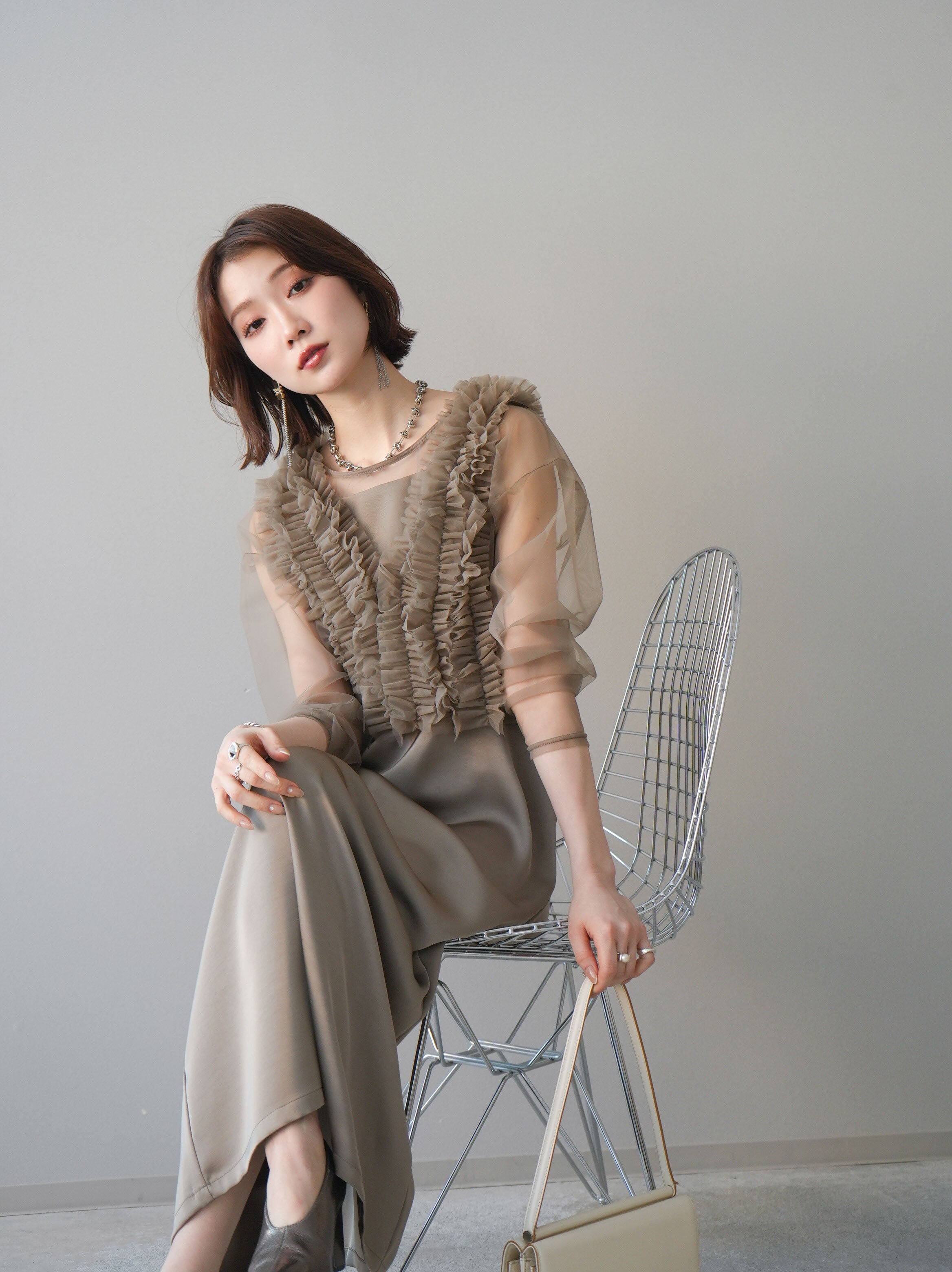 予約]チュールフリルアンサンブルキャミソールドレス 3点SET/beige