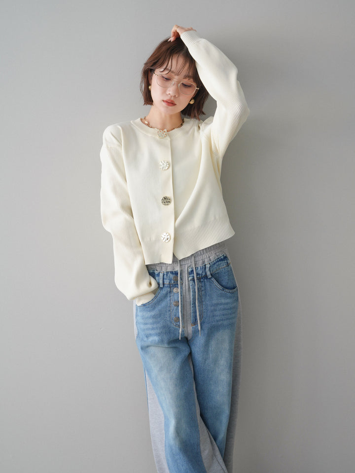 [SET]メタルボタンクルーネックニットカーディガン+デニム切替スウェットパンツ(2set)