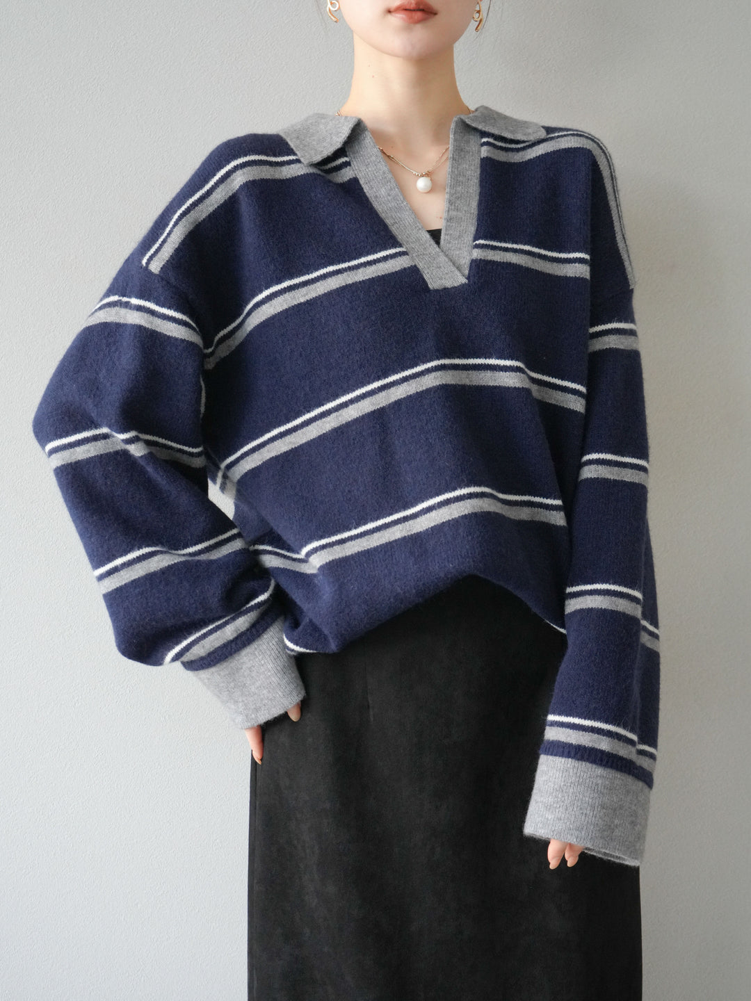 [SET]ポロ襟スキッパーボーダーニットプルオーバー+スウェードIラインスカート(2set)