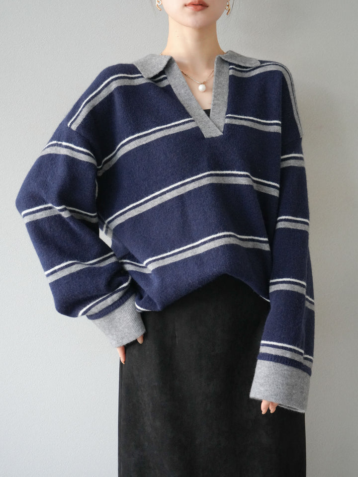 [SET]ポロ襟スキッパーボーダーニットプルオーバー+スウェードIラインスカート(2set)