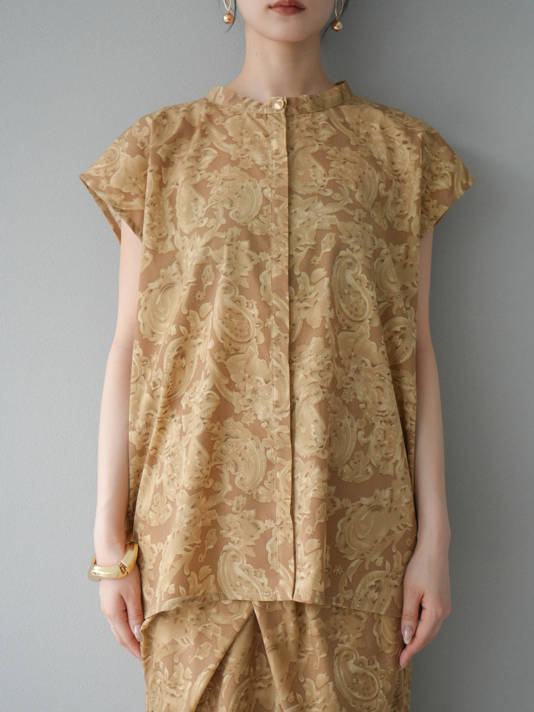 [SET]ペイズリープリントゴールドボタンブラウス+ペイズリープリントタックIラインスカート(2set)