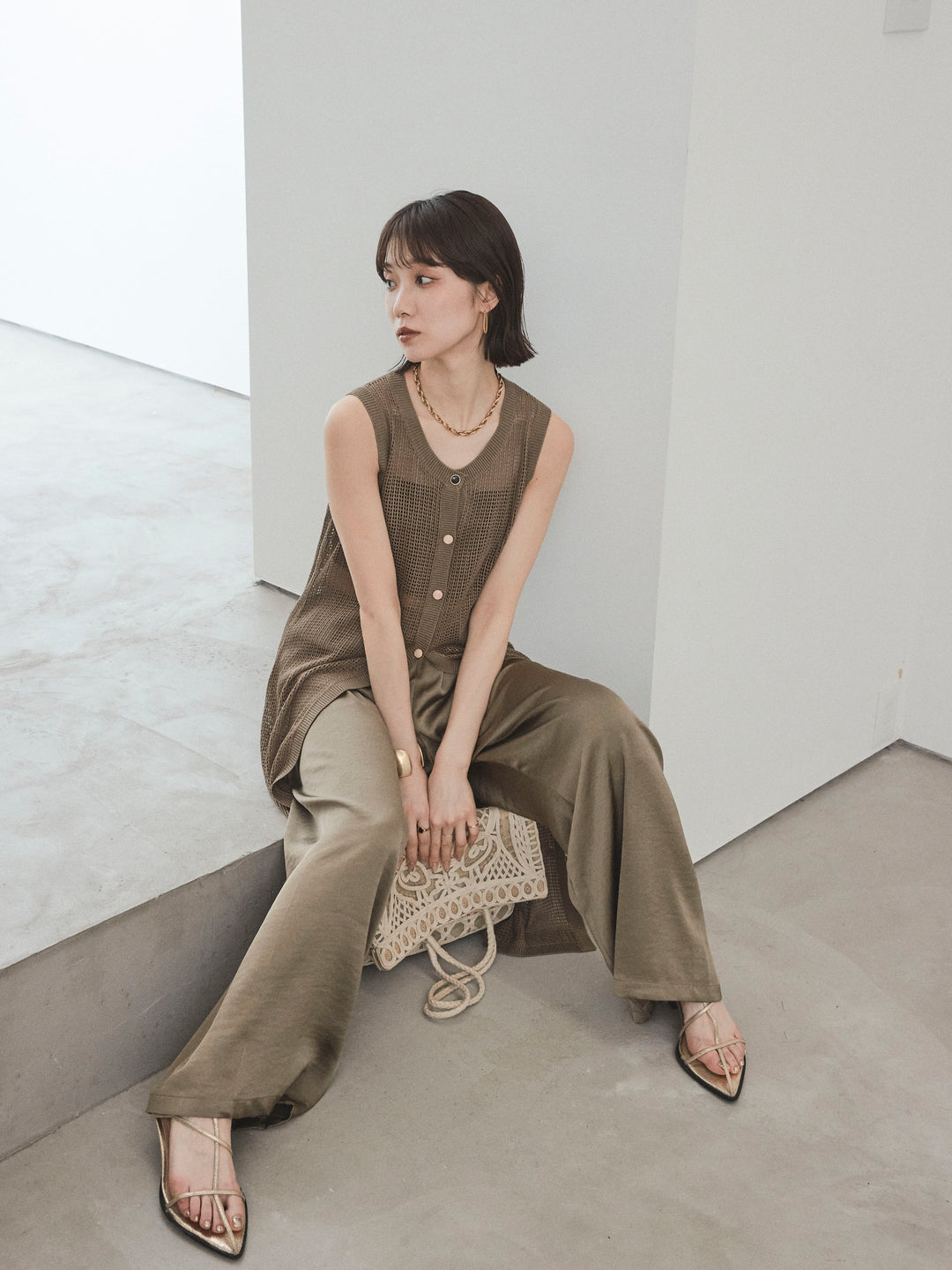 [SET]アソートボタンニットロングジレ+サテンイージーパンツ(2set)