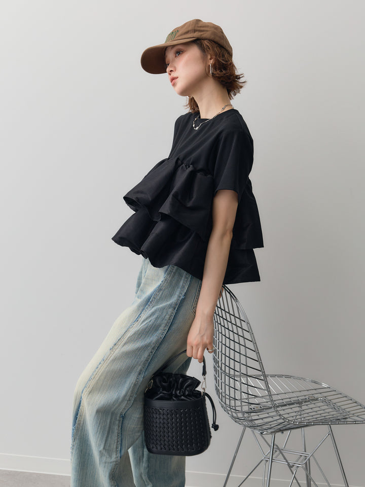 [SET]フリルティアードTEE+縦ウォッシュワイドデニムパンツ(2set)