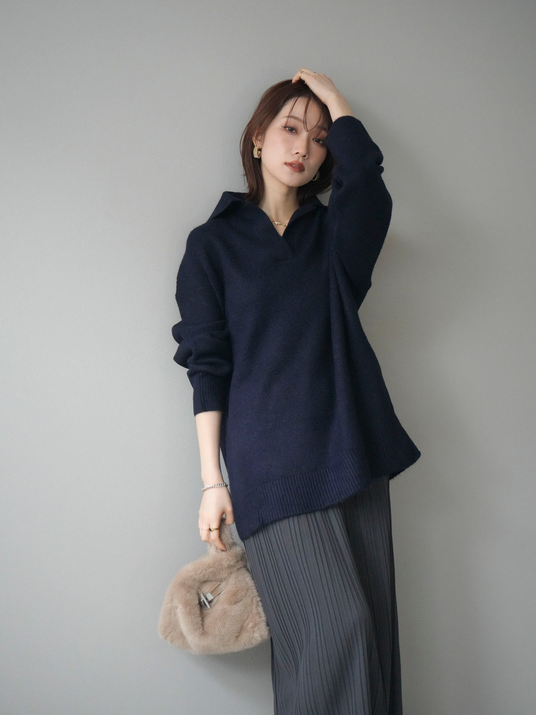 [予約]スキッパーオーバーニットプルオーバー/navy