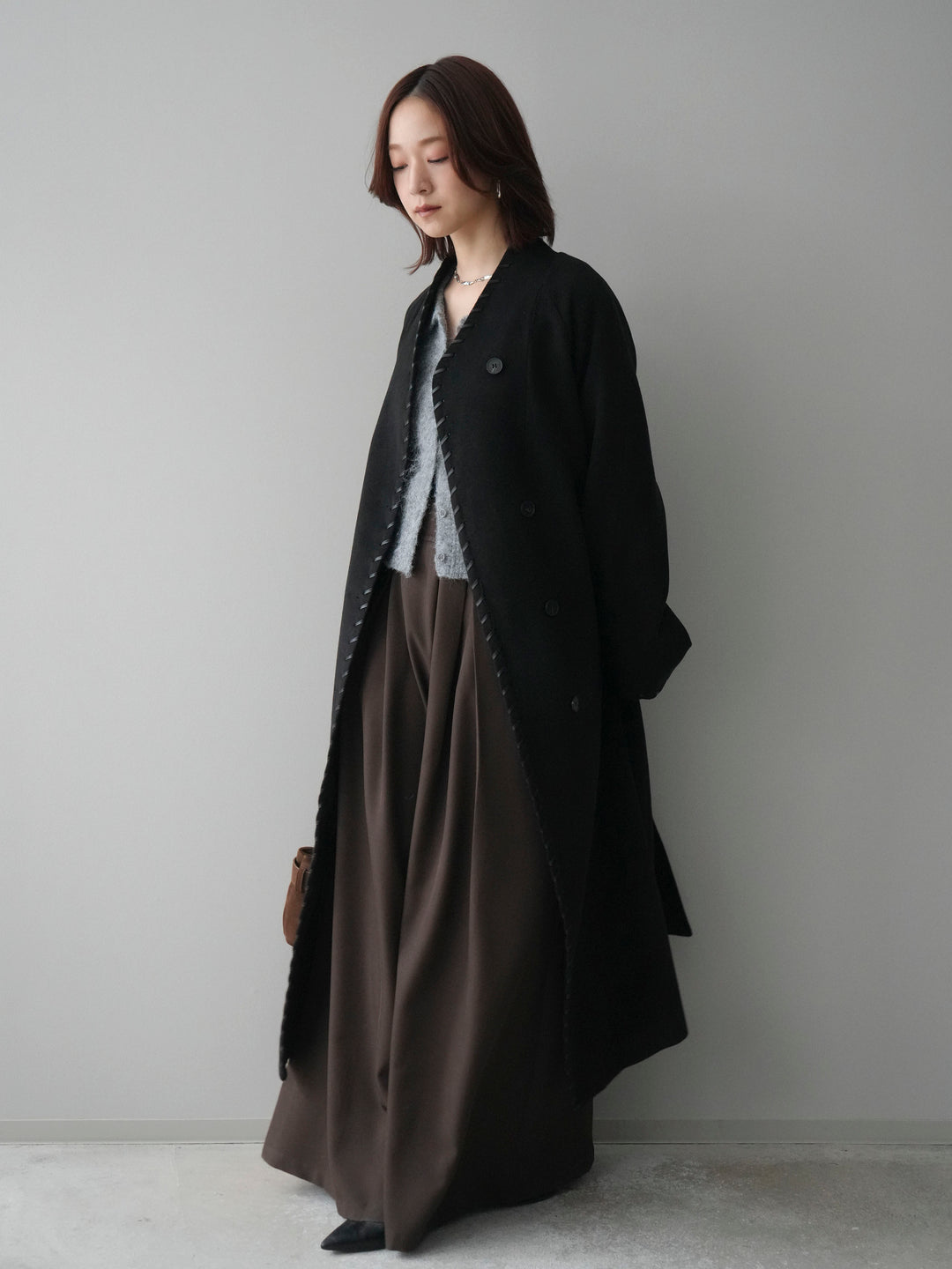 [SET]ハンドステッチ裏中綿ロングコート+テープベルトタックバギーパンツ(2set)