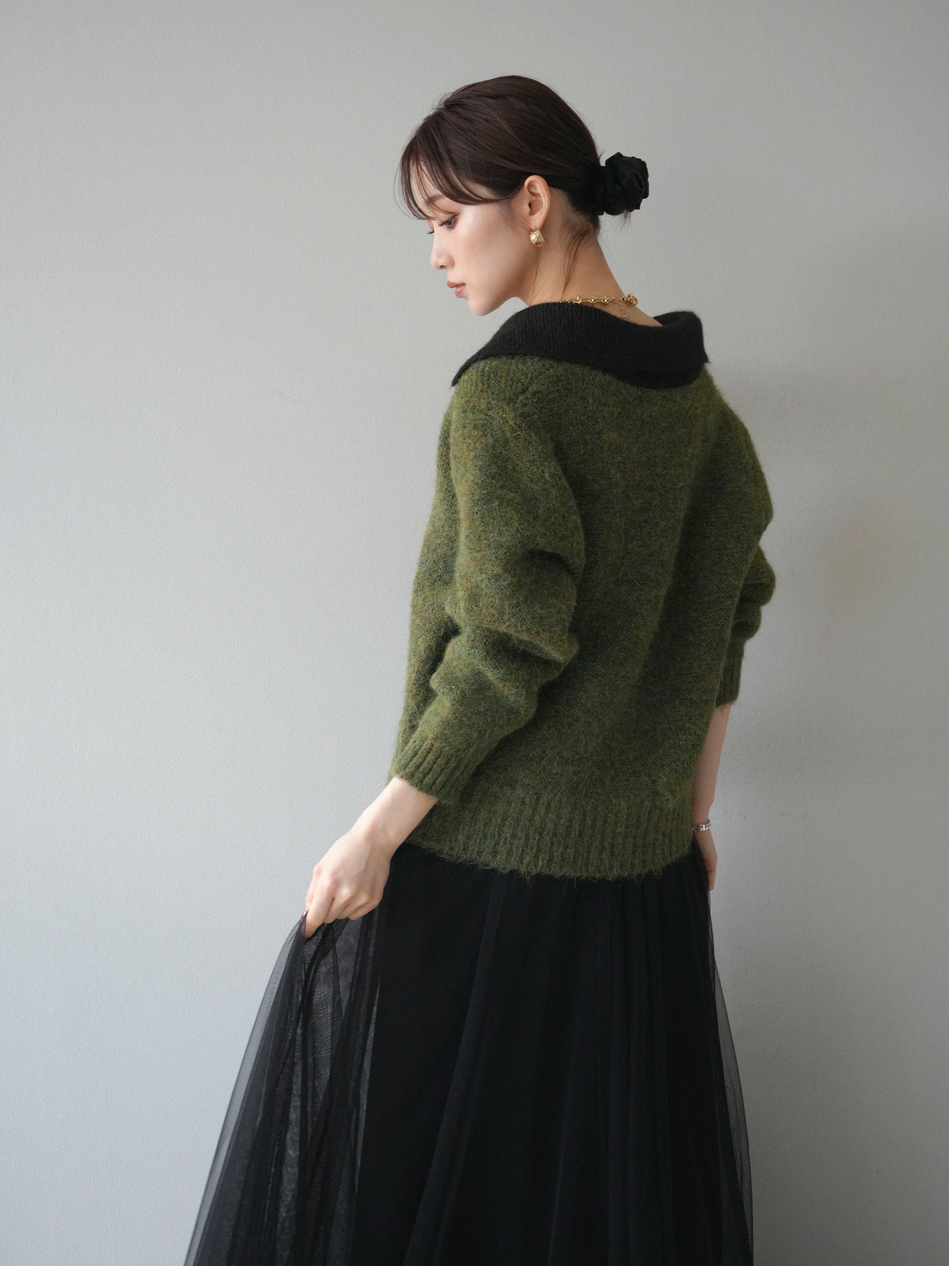 予約]バイカラー襟付きニットプルオーバー/green – Lumier