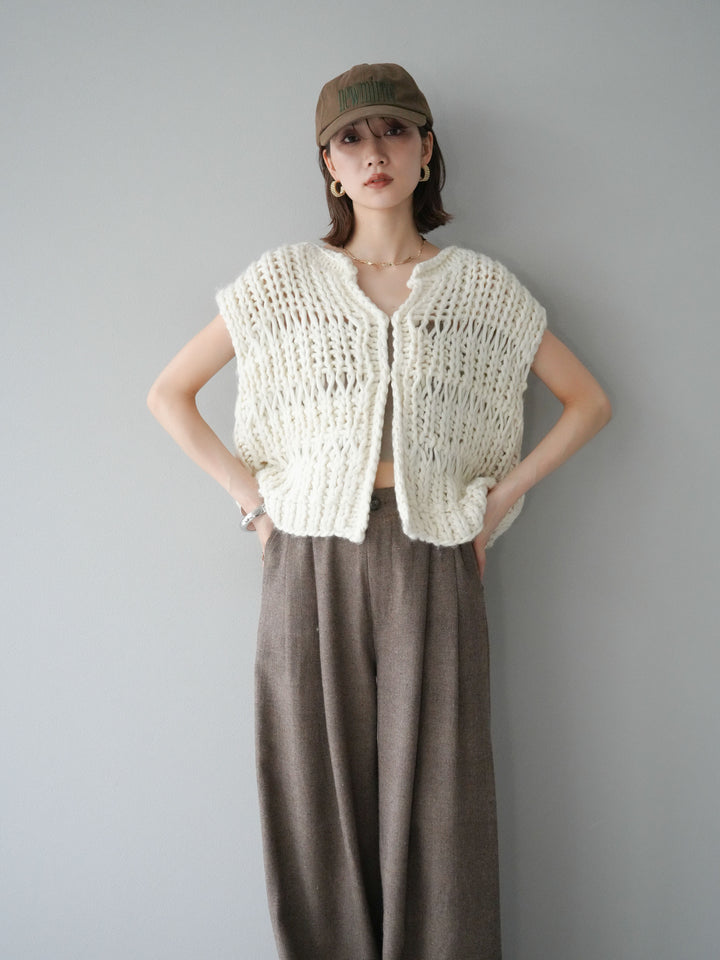 [SET] 手編繩結背心+粗花呢觸感褶皺寬褲（2件組）