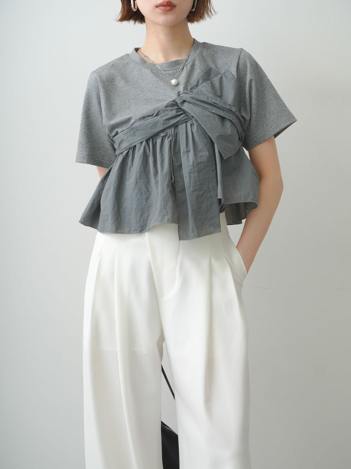 [SET]ナイロンドッキングツイストTEE +アシンメトリーベルトタックワイドパンツ(2set)