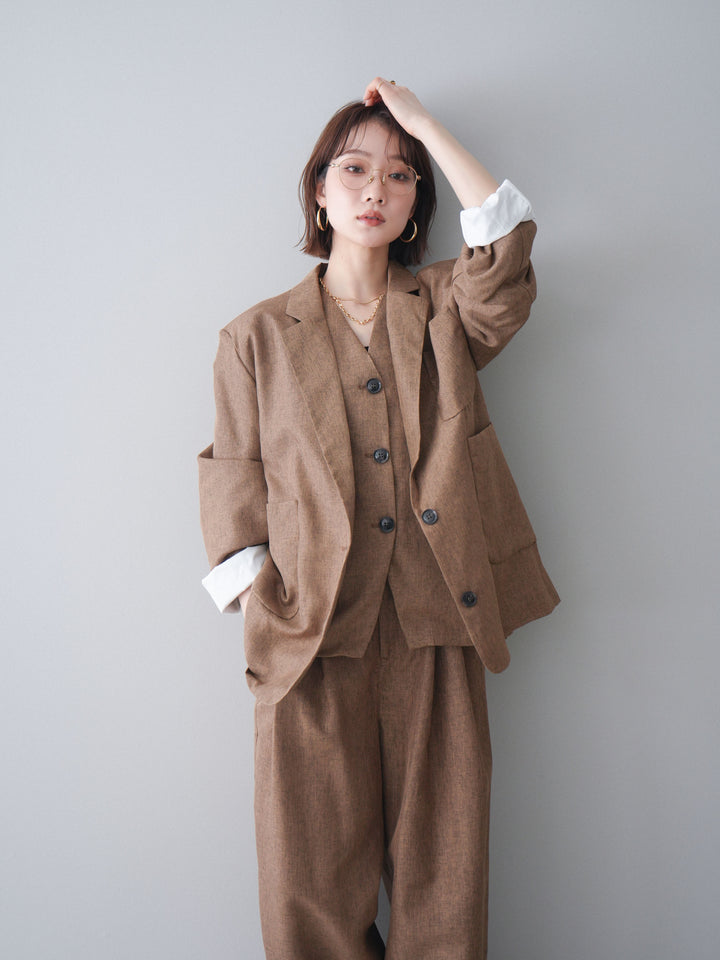 [SET]リネンライクテーラードジャケット+リネンライクバックオープンジレ+リネンライクタックワイドパンツ(3set)
